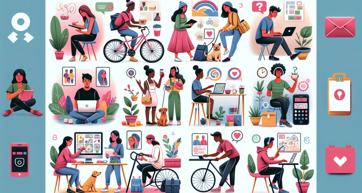 Create an illustration showcasing Top 10 Quick Side Hustles to Boost Your Income. The image should depict various individuals engaging in different side hustles such as freelance writing, dog walking, online tutoring, food delivery, graphic designing, babysitting, selling handmade crafts, virtual assisting, driving for ride-share services, and renting out a room through a sharing economy platform. Each activity should be illustrated in a lively and dynamic manner with clear indicators of what each person is doing, with a cityscape in the background to signify the hustle and bustle.