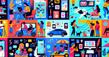 Create an image of a dynamic and colorful collage illustrating the top 10 side hustles for extra money. Include representations of activities such as freelance writing, graphic design, dog walking, ride-sharing, tutoring, online selling, babysitting, gig economy jobs, social media management, and lawn care. Each side hustle should be illustrated with relevant tools or settings, such as a laptop for freelance writing or a car for ride-sharing, all combined in an engaging and visually appealing way.