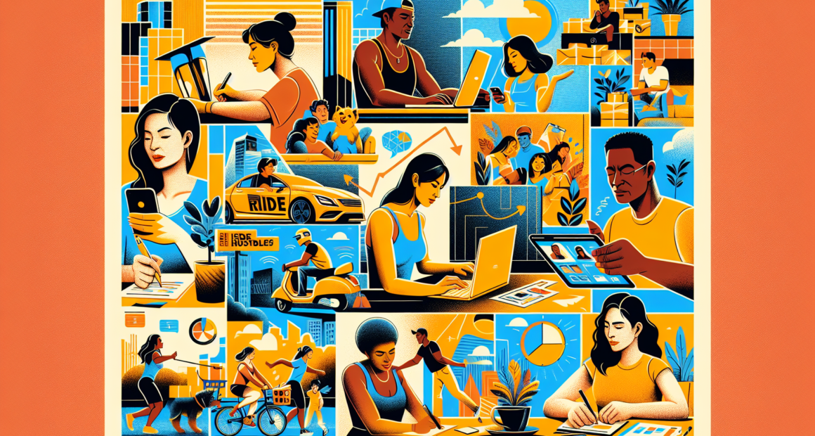 Create an image depicting a diverse group of people engaging in various side hustles such as freelance writing on a laptop, driving for a ride-sharing service, delivering packages, doing graphic design, tutoring a student, walking dogs, selling handmade crafts online, renting out a room in their house, conducting virtual fitness classes, and taking part in online surveys. Each person should be portrayed in a dynamic, energetic setting that conveys productivity and creativity.