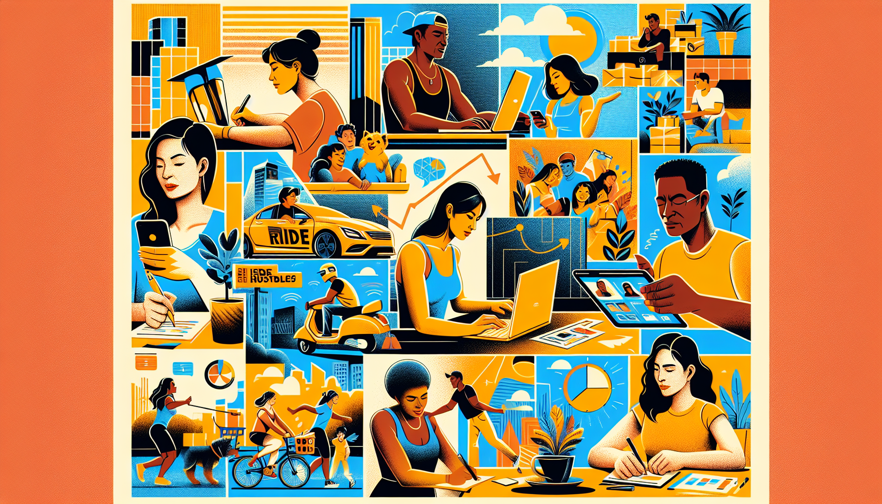 Create an image depicting a diverse group of people engaging in various side hustles such as freelance writing on a laptop, driving for a ride-sharing service, delivering packages, doing graphic design, tutoring a student, walking dogs, selling handmade crafts online, renting out a room in their house, conducting virtual fitness classes, and taking part in online surveys. Each person should be portrayed in a dynamic, energetic setting that conveys productivity and creativity.