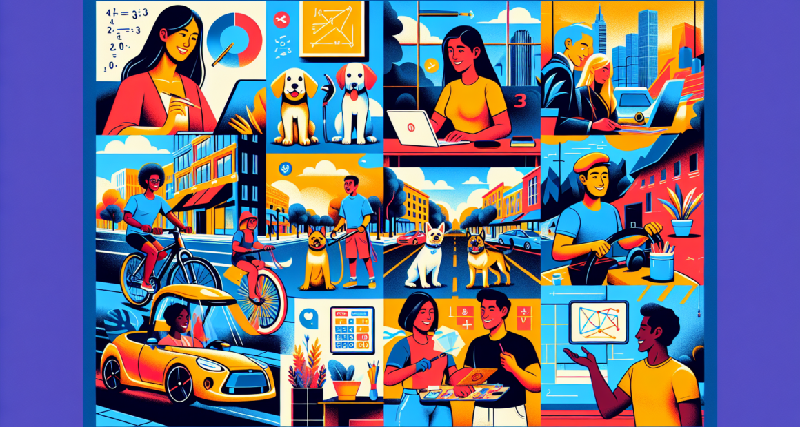 Create an illustration depicting 10 diverse people each engaging in various side jobs such as freelancing online, dog walking, ridesharing, tutoring, selling handmade crafts, renting out a room, food delivery, fitness coaching, virtual assistant, and photography. Each person is actively working in a different vibrant setting, showcasing the hustle and creativity of side jobs.