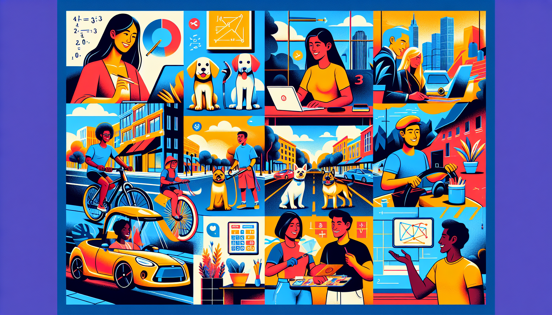Create an illustration depicting 10 diverse people each engaging in various side jobs such as freelancing online, dog walking, ridesharing, tutoring, selling handmade crafts, renting out a room, food delivery, fitness coaching, virtual assistant, and photography. Each person is actively working in a different vibrant setting, showcasing the hustle and creativity of side jobs.