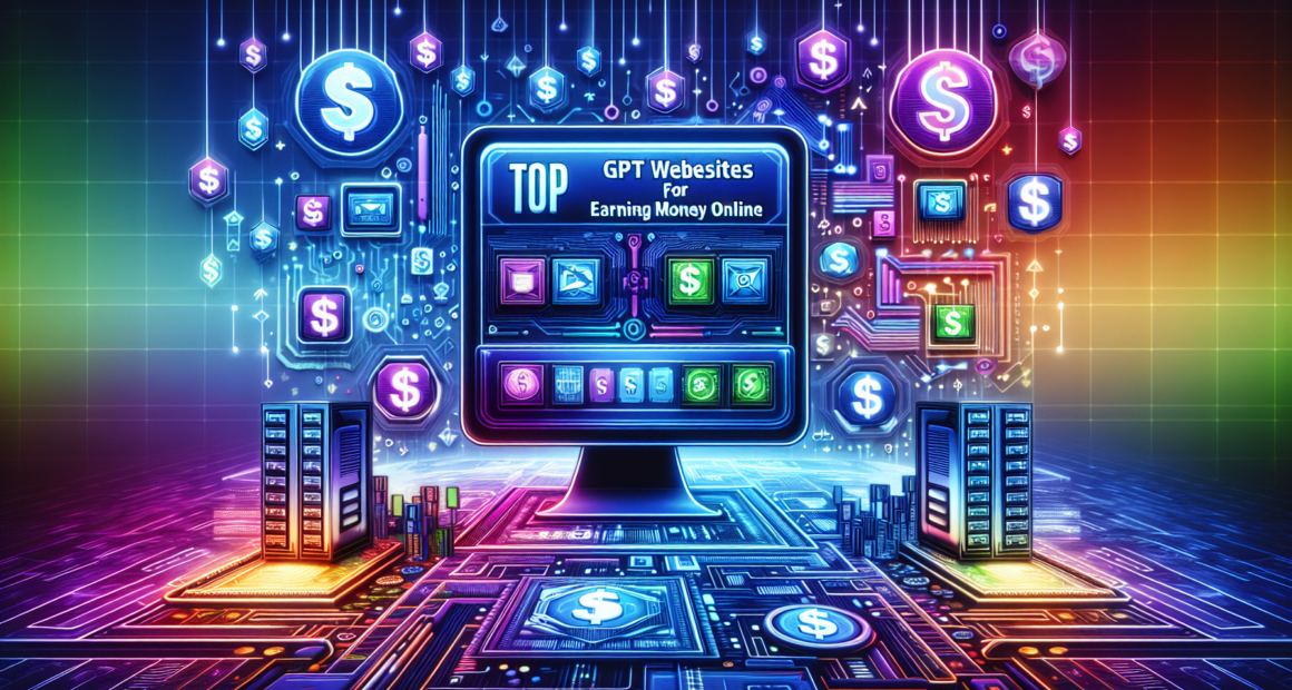 Create an illustration of a futuristic digital landscape with a central computer screen displaying the title Top 12 GPT Websites for Earning Money Online. Surround the screen with various icons repres