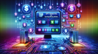 Create an illustration of a futuristic digital landscape with a central computer screen displaying the title Top 12 GPT Websites for Earning Money Online. Surround the screen with various icons repres
