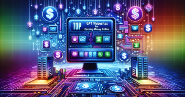 Create an illustration of a futuristic digital landscape with a central computer screen displaying the title Top 12 GPT Websites for Earning Money Online. Surround the screen with various icons repres