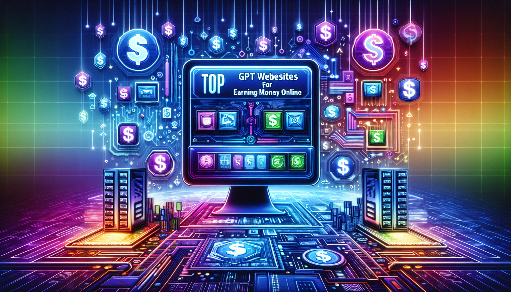 Create an illustration of a futuristic digital landscape with a central computer screen displaying the title Top 12 GPT Websites for Earning Money Online. Surround the screen with various icons repres
