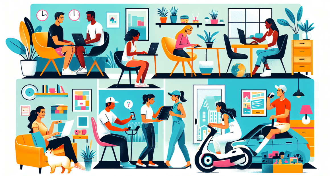 Create an illustration depicting a diverse group of people engaging in various side hustles from home. Include scenes of someone freelancing on a laptop, another person conducting an online tutoring session, a person managing an e-commerce store, someone delivering food, another individual driving a ride-sharing vehicle, a person taking care of a pet, and someone investing in stocks. Ensure the background showcases a modern, cozy home environment with multiple rooms visible to emphasize the versatility and comfort of working from home in 2023.