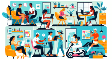 Create an illustration depicting a diverse group of people engaging in various side hustles from home. Include scenes of someone freelancing on a laptop, another person conducting an online tutoring session, a person managing an e-commerce store, someone delivering food, another individual driving a ride-sharing vehicle, a person taking care of a pet, and someone investing in stocks. Ensure the background showcases a modern, cozy home environment with multiple rooms visible to emphasize the versatility and comfort of working from home in 2023.