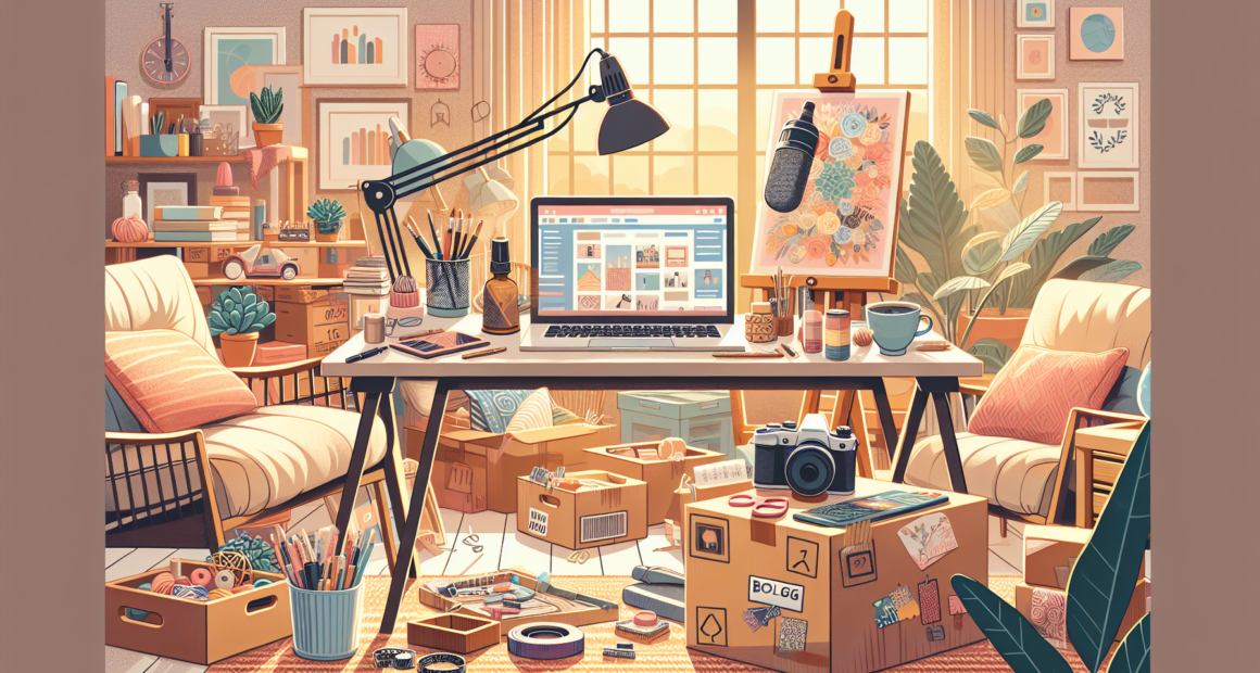 Create an image of a cozy home office with various items suggesting different side hustles: a laptop with a blog on the screen, handmade crafts on a table, a stack of packages ready for shipping, an artist's easel with a painting, and a microphone for podcasting, all bathed in natural, warm light through a nearby window.