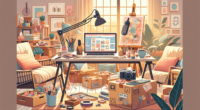 Create an image of a cozy home office with various items suggesting different side hustles: a laptop with a blog on the screen, handmade crafts on a table, a stack of packages ready for shipping, an artist's easel with a painting, and a microphone for podcasting, all bathed in natural, warm light through a nearby window.