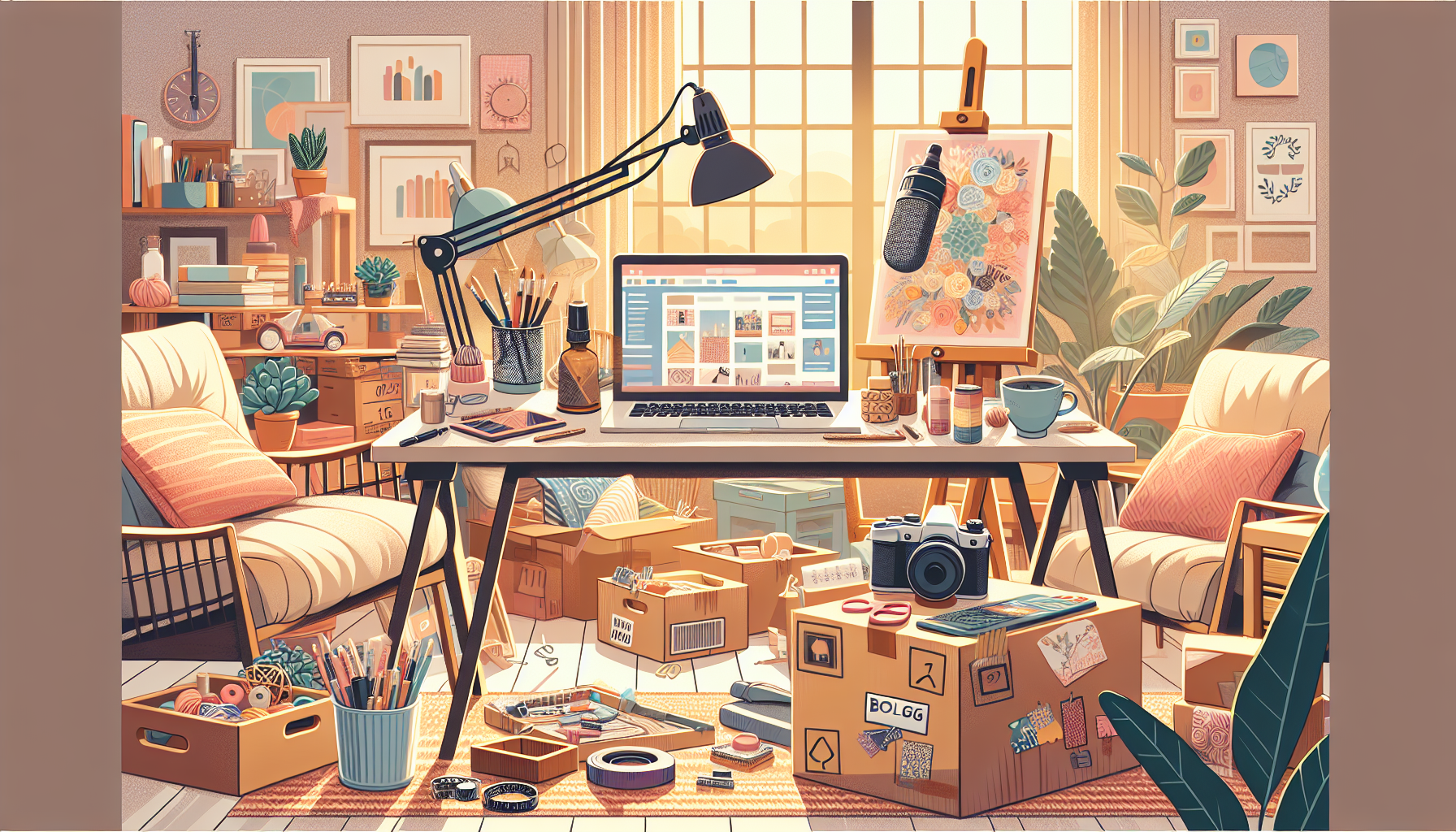 Create an image of a cozy home office with various items suggesting different side hustles: a laptop with a blog on the screen, handmade crafts on a table, a stack of packages ready for shipping, an artist's easel with a painting, and a microphone for podcasting, all bathed in natural, warm light through a nearby window.