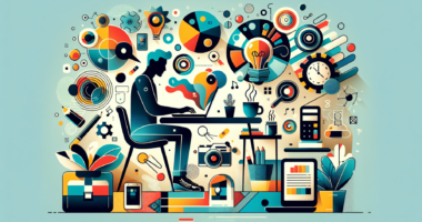 Create an image showing a person comfortably working from home on a laptop, surrounded by symbols representing various side hustles such as a pen for writing, a camera for photography, a palette for graphic design, a calculator for bookkeeping, and a social media icon for digital marketing. Include a cozy indoor setting with modern decor and a cup of coffee on the table next to them.