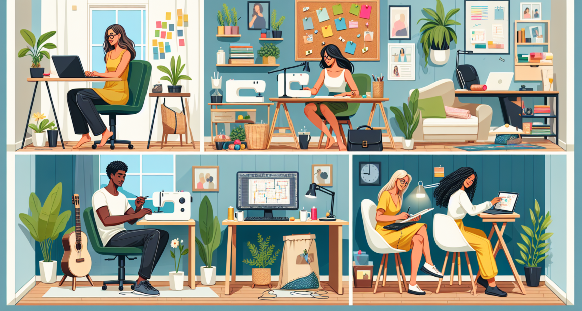 Create an image that showcases a modern home office with multiple side gigs taking place: a person at a computer freelancing, another sewing handmade crafts, someone else writing on a digital tablet, and a corner with a setup for online tutoring. The room is cozy and well-lit, with a mix of creative and professional decor, featuring items like a corkboard with sticky notes, a coffee mug, and plants to add a touch of greenery.