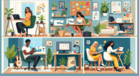 Create an image that showcases a modern home office with multiple side gigs taking place: a person at a computer freelancing, another sewing handmade crafts, someone else writing on a digital tablet, and a corner with a setup for online tutoring. The room is cozy and well-lit, with a mix of creative and professional decor, featuring items like a corkboard with sticky notes, a coffee mug, and plants to add a touch of greenery.