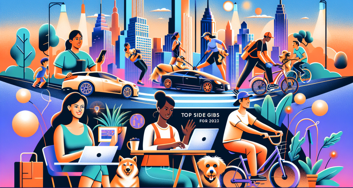 Create an image showing a collage of various top side gigs for 2023. Include a person freelance writing on a laptop, someone dog walking, a driver for a rideshare app, an online tutor teaching kids, a person doing food delivery on a bike, and an individual managing an e-commerce store from home. The background should be a modern, vibrant cityscape with a futuristic feel, representing the bustling, diverse opportunities available in 2023. Make the overall mood lively and inspiring, showcasing the variety of ways people are making extra income.