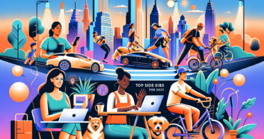 Create an image showing a collage of various top side gigs for 2023. Include a person freelance writing on a laptop, someone dog walking, a driver for a rideshare app, an online tutor teaching kids, a person doing food delivery on a bike, and an individual managing an e-commerce store from home. The background should be a modern, vibrant cityscape with a futuristic feel, representing the bustling, diverse opportunities available in 2023. Make the overall mood lively and inspiring, showcasing the variety of ways people are making extra income.