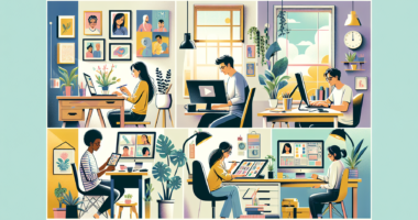 Create an image that showcases a variety of people working from home in different side hustle roles. Include a freelance writer on their laptop with coffee beside them, a virtual assistant organizing tasks on a tablet, an online tutor teaching a student via video call, a graphic designer using a digital drawing tablet, and a social media manager scheduling posts on a desktop computer. The background should be a cozy, productive home workspace with inspirational décor, plants, and natural light streaming through a window.
