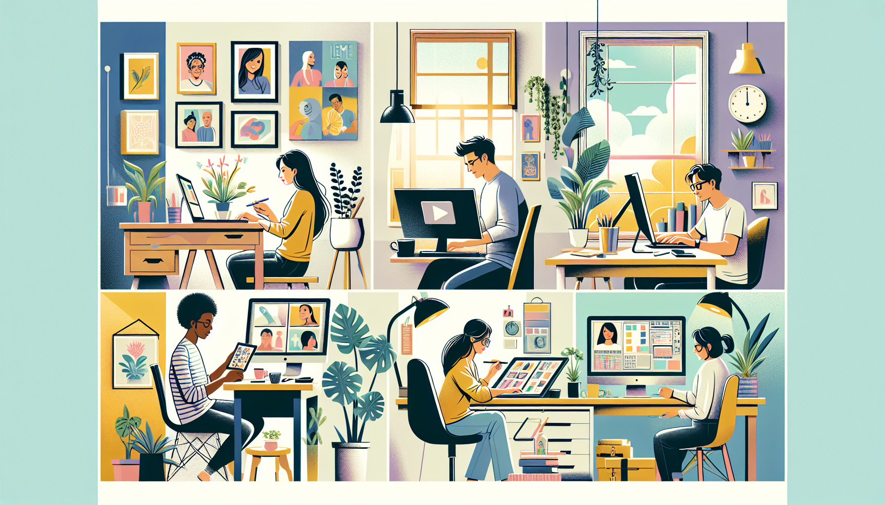 Create an image that showcases a variety of people working from home in different side hustle roles. Include a freelance writer on their laptop with coffee beside them, a virtual assistant organizing tasks on a tablet, an online tutor teaching a student via video call, a graphic designer using a digital drawing tablet, and a social media manager scheduling posts on a desktop computer. The background should be a cozy, productive home workspace with inspirational décor, plants, and natural light streaming through a window.