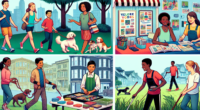 A vibrant digital illustration showing a diverse group of teenagers happily engaging in various side hustles. One teen is walking dogs in a park, another is tutoring a younger child at a library, a third is selling handmade crafts at a local market, and one is mowing a lawn in a suburban neighborhood. The background shows a lively community with houses, a park, and a library, capturing a warm and entrepreneurial spirit.