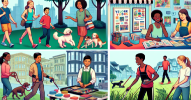 A vibrant digital illustration showing a diverse group of teenagers happily engaging in various side hustles. One teen is walking dogs in a park, another is tutoring a younger child at a library, a third is selling handmade crafts at a local market, and one is mowing a lawn in a suburban neighborhood. The background shows a lively community with houses, a park, and a library, capturing a warm and entrepreneurial spirit.