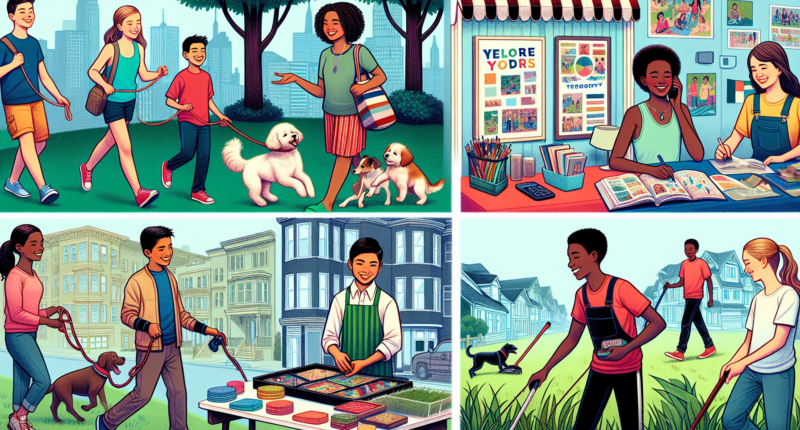 A vibrant digital illustration showing a diverse group of teenagers happily engaging in various side hustles. One teen is walking dogs in a park, another is tutoring a younger child at a library, a third is selling handmade crafts at a local market, and one is mowing a lawn in a suburban neighborhood. The background shows a lively community with houses, a park, and a library, capturing a warm and entrepreneurial spirit.