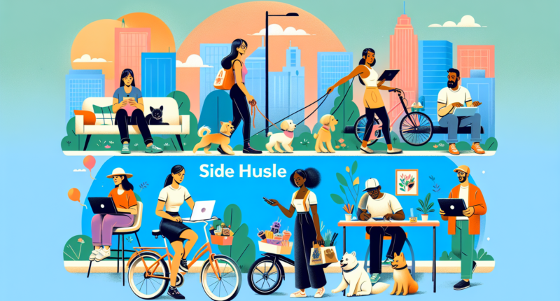 Create a colorful and dynamic illustration that showcases a variety of top side hustles for 2022. The image should feature diverse individuals engaging in activities like freelance graphic design on a laptop, dog walking in a park, delivering food on a bicycle, selling handmade crafts online, tutoring a student, and driving for a rideshare service. The background could be a modern urban setting to reflect the contemporary nature of these side hustles.