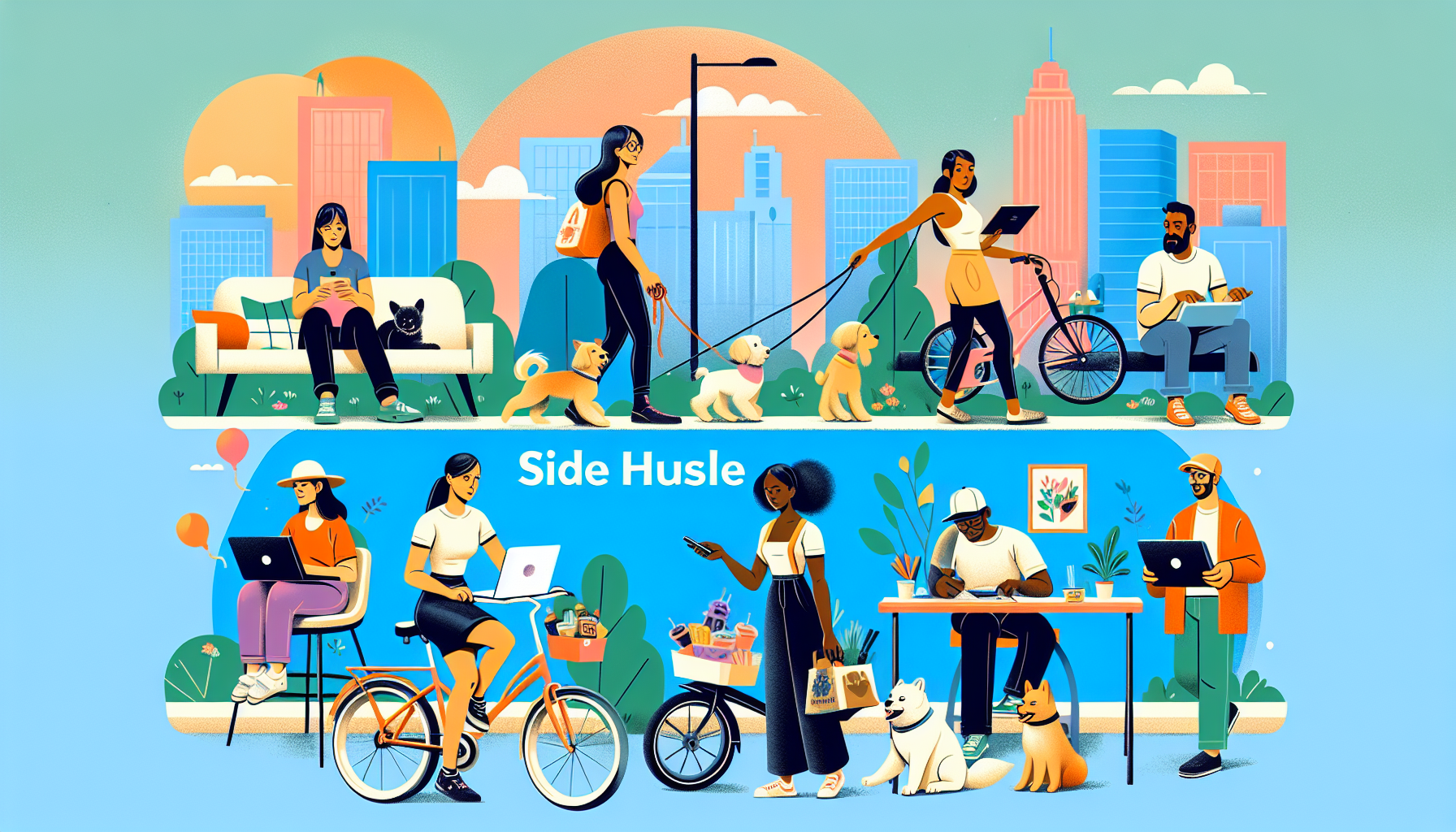 Create a colorful and dynamic illustration that showcases a variety of top side hustles for 2022. The image should feature diverse individuals engaging in activities like freelance graphic design on a laptop, dog walking in a park, delivering food on a bicycle, selling handmade crafts online, tutoring a student, and driving for a rideshare service. The background could be a modern urban setting to reflect the contemporary nature of these side hustles.
