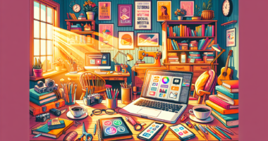 Create an image depicting a cozy home office setting with multiple elements symbolizing various side hustles. Include a laptop with graphic design software open, a stack of books representing tutoring or writing, a smartphone with social media icons suggesting social media management, a video camera for content creation, and a sewing machine hinting at a handmade crafts business. The room should feel inviting and productive, with natural light streaming in through a window and motivational posters on the walls.