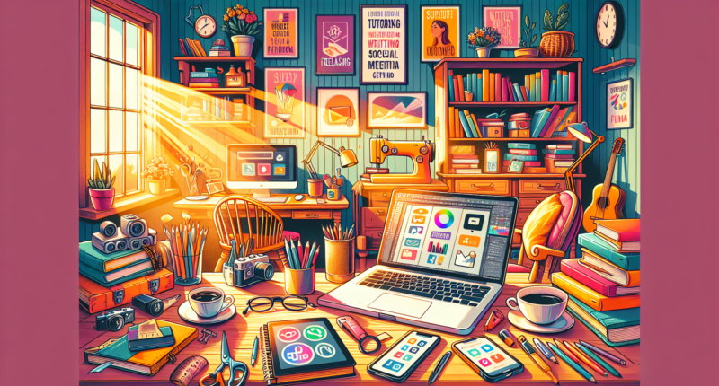 Create an image depicting a cozy home office setting with multiple elements symbolizing various side hustles. Include a laptop with graphic design software open, a stack of books representing tutoring or writing, a smartphone with social media icons suggesting social media management, a video camera for content creation, and a sewing machine hinting at a handmade crafts business. The room should feel inviting and productive, with natural light streaming in through a window and motivational posters on the walls.