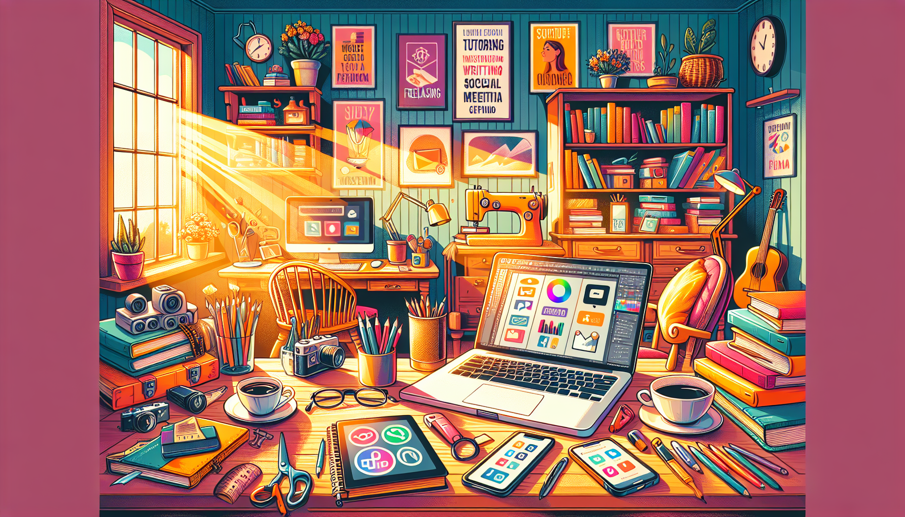 Create an image depicting a cozy home office setting with multiple elements symbolizing various side hustles. Include a laptop with graphic design software open, a stack of books representing tutoring or writing, a smartphone with social media icons suggesting social media management, a video camera for content creation, and a sewing machine hinting at a handmade crafts business. The room should feel inviting and productive, with natural light streaming in through a window and motivational posters on the walls.