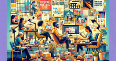 Create an image that showcases a busy and modern home office environment where various side hustles are being performed. Include diverse people performing different tasks such as graphic design on a computer, someone making crafts, another person recording a podcast, a freelancer tutoring a student online, and a person preparing a meal delivery package. The background should have elements like sticky notes, calendars, and motivational quotes to illustrate a productive setting. Use bright and engaging colors to give the image an energetic and enterprising vibe.