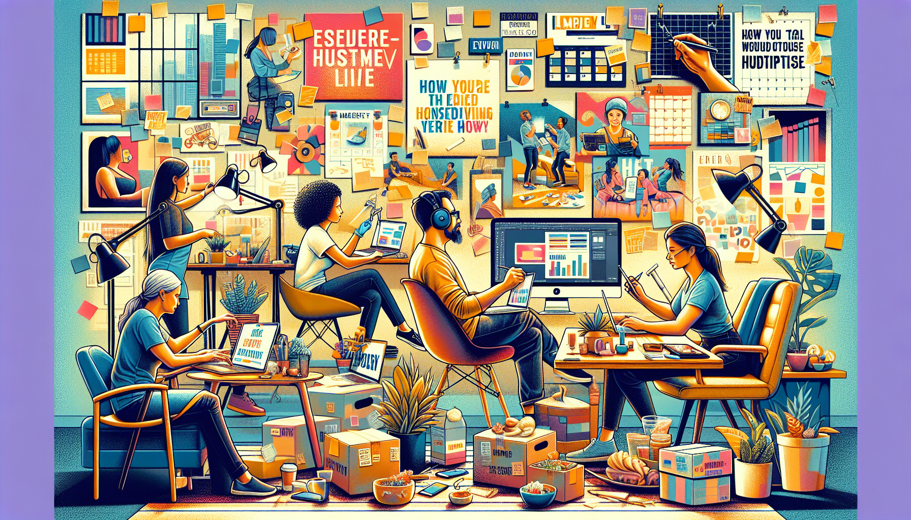 Create an image that showcases a busy and modern home office environment where various side hustles are being performed. Include diverse people performing different tasks such as graphic design on a computer, someone making crafts, another person recording a podcast, a freelancer tutoring a student online, and a person preparing a meal delivery package. The background should have elements like sticky notes, calendars, and motivational quotes to illustrate a productive setting. Use bright and engaging colors to give the image an energetic and enterprising vibe.