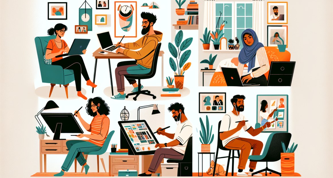 Create an illustration showcasing various people engaging in top side jobs from home, such as freelance writing, graphic design, virtual assistant work, online tutoring, and e-commerce. The scene should depict each person working comfortably in a cozy home setting, with a laptop or computer, drawing tablet, or study materials. The background should hint at a homey atmosphere, complete with furniture, houseplants, and personal touches, illustrating the variety and flexibility of home-based side jobs.