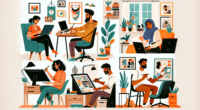 Create an illustration showcasing various people engaging in top side jobs from home, such as freelance writing, graphic design, virtual assistant work, online tutoring, and e-commerce. The scene should depict each person working comfortably in a cozy home setting, with a laptop or computer, drawing tablet, or study materials. The background should hint at a homey atmosphere, complete with furniture, houseplants, and personal touches, illustrating the variety and flexibility of home-based side jobs.