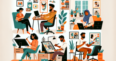 Create an illustration showcasing various people engaging in top side jobs from home, such as freelance writing, graphic design, virtual assistant work, online tutoring, and e-commerce. The scene should depict each person working comfortably in a cozy home setting, with a laptop or computer, drawing tablet, or study materials. The background should hint at a homey atmosphere, complete with furniture, houseplants, and personal touches, illustrating the variety and flexibility of home-based side jobs.