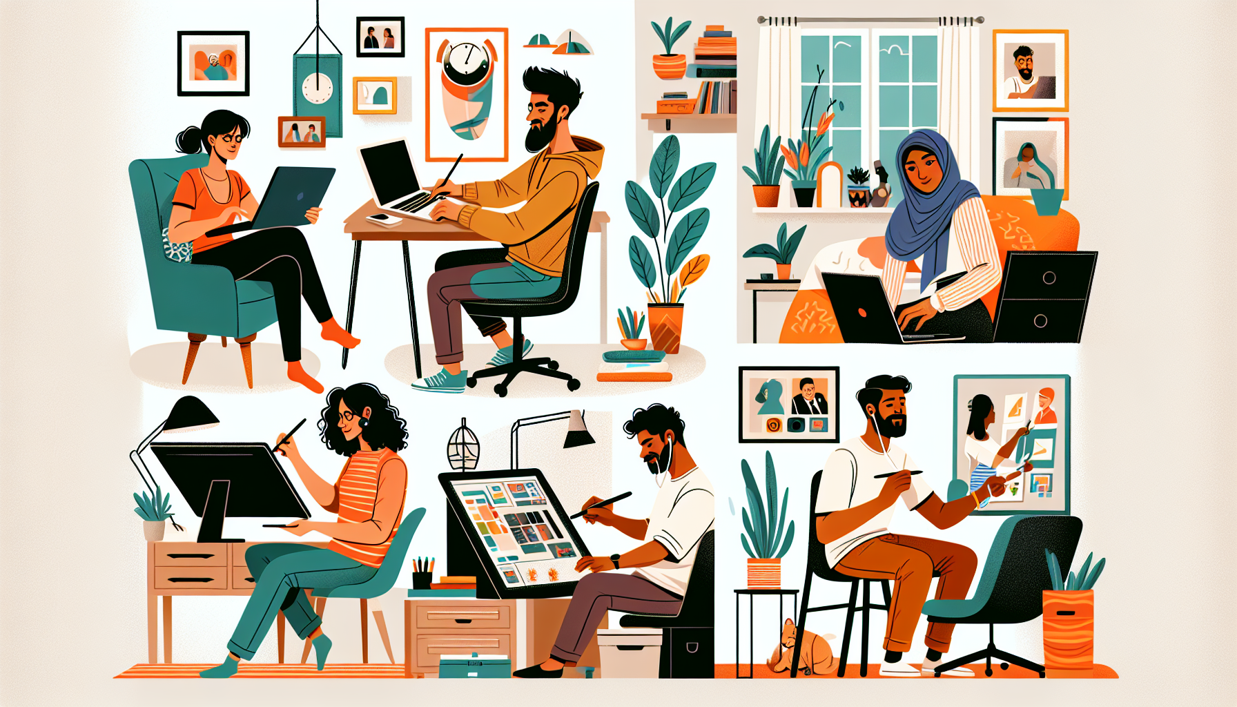 Create an illustration showcasing various people engaging in top side jobs from home, such as freelance writing, graphic design, virtual assistant work, online tutoring, and e-commerce. The scene should depict each person working comfortably in a cozy home setting, with a laptop or computer, drawing tablet, or study materials. The background should hint at a homey atmosphere, complete with furniture, houseplants, and personal touches, illustrating the variety and flexibility of home-based side jobs.