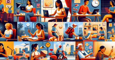 Create an image depicting a vibrant, multifaceted collage of various side jobs that people can do to earn extra money. Include a diverse range of characters engaged in activities such as freelance writing, food delivery on a bike, offering online tutoring, pet sitting, driving for a ride-share service, and creating handmade crafts. Show them in different settings like cozy home offices, bustling city streets, and relaxed park scenes, all connected by a seamless, dynamic flow to illustrate the idea of making extra money in spare time. Add subtle graphics of dollar signs and clocks to symbolize earnings and spare time.