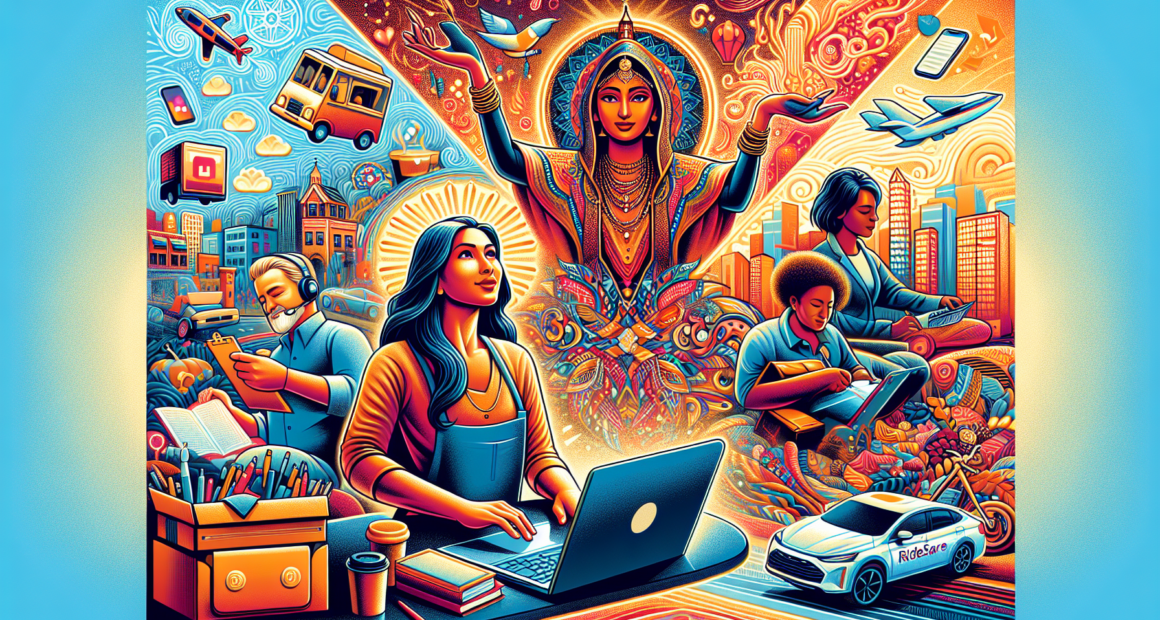 Create an image showcasing various side hustle activities, such as freelancing on a laptop, a person doing a delivery with a food delivery bag, a craftsman making handmade jewelry, someone tutoring online, a blogger writing, and a driver with a rideshare logo. The scene should be vibrant, dynamic, and convey a sense of productivity and entrepreneurship.