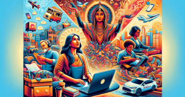 Create an image showcasing various side hustle activities, such as freelancing on a laptop, a person doing a delivery with a food delivery bag, a craftsman making handmade jewelry, someone tutoring online, a blogger writing, and a driver with a rideshare logo. The scene should be vibrant, dynamic, and convey a sense of productivity and entrepreneurship.