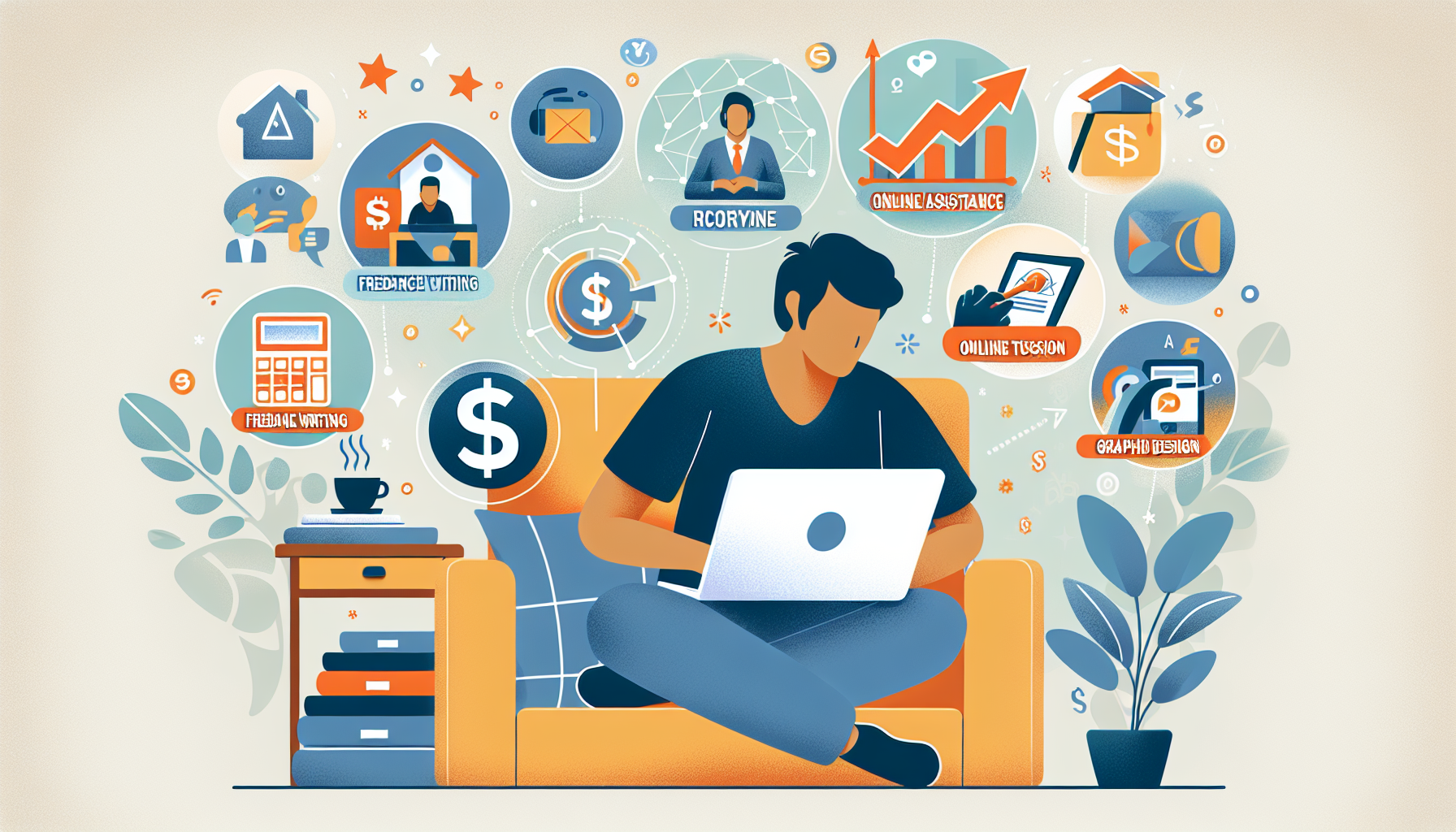 Create a vibrant and dynamic illustration showing a person working on a laptop surrounded by various icons representing different online side hustles, such as freelance writing, virtual assistance, online tutoring, graphic design, and e-commerce. The background should feature elements like dollar signs, upward graphs, and a cozy home office setting to convey the idea of boosting income from the comfort of home.