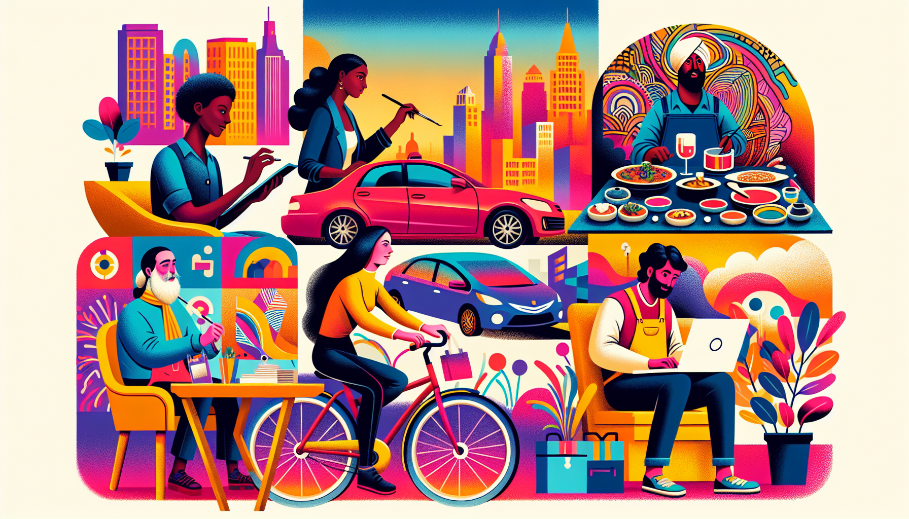 Create a vibrant, dynamic illustration of people engaging in various side hustles. Include scenarios such as a person driving a rideshare car, someone working at a laptop as a freelance writer, an artist painting a colorful mural, a chef cooking for a pop-up event, and someone delivering packages on a bicycle. Each individual should look happy and focused, symbolizing the diversity and opportunity in these top side hustles for extra income. Add cityscape elements in the background to indicate an urban setting.