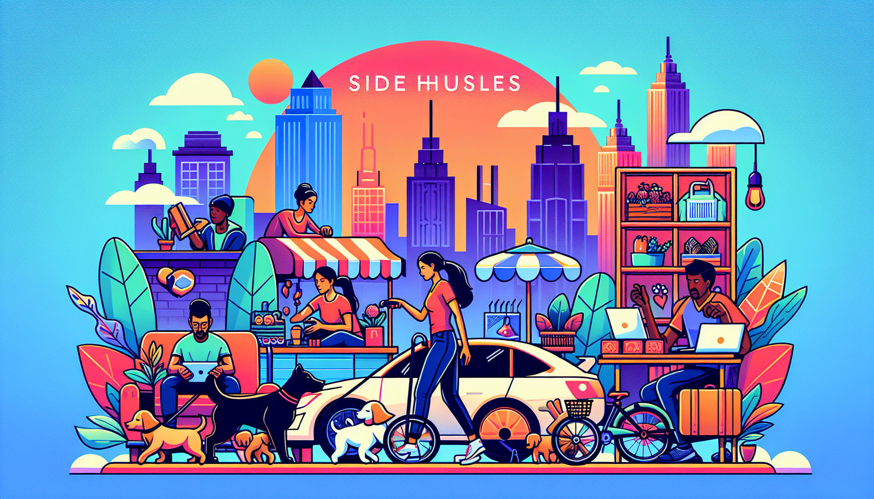 A vibrant illustration showing various easy side hustle activities. This includes a person walking dogs, another person driving a car with a rideshare logo, someone typing on a laptop at a cozy home desk, a person selling handmade crafts at a local market, another individual taking food delivery to a house, and a person tutoring a student online. The background should depict a dynamic cityscape that represents modern-day opportunities.