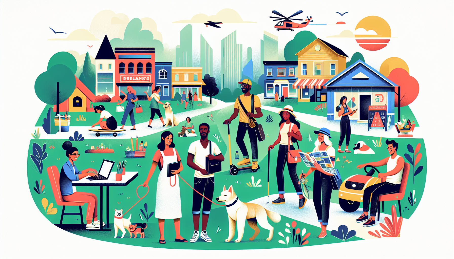 Create a detailed illustration of a diverse group of people engaging in various side hustles, such as freelance graphic design, dog walking, tutoring, crafting handmade goods, and driving for a ride-share service. The characters should appear enthusiastic and productive, set against a vibrant community backdrop with small businesses, homes, and parks, representing a supportive environment for entrepreneurial activities.