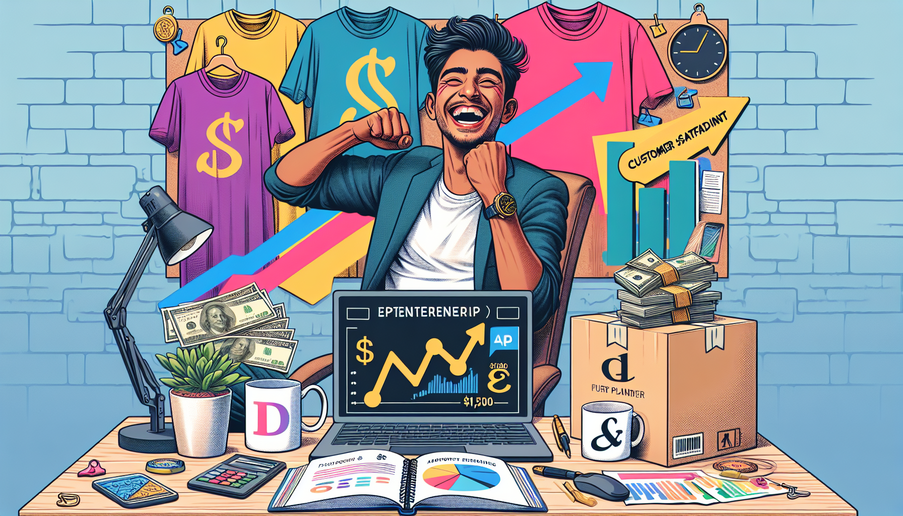 Create an image of a joyful entrepreneur in a home office setting, surrounded by colorful t-shirts, mugs, and art prints with unique designs. The person is smiling at a computer screen displaying impr