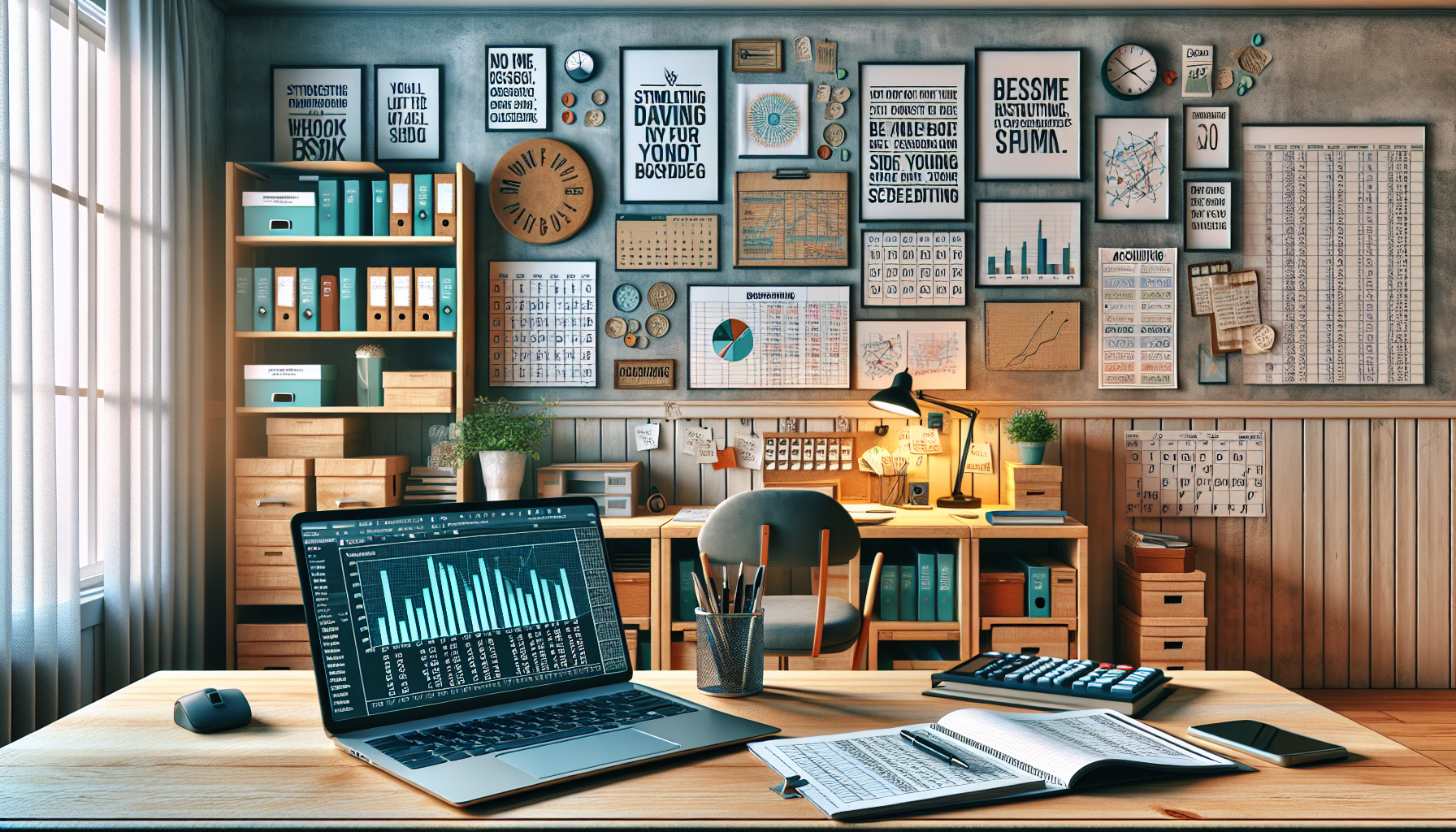 Create an image illustrating a successful bookkeeping side hustle: A well-organized home office setting with a laptop displaying financial spreadsheets, a stack of ledgers on a tidy desk, and motivational quotes on the wall. In the background, show a calendar marked with client meetings and a bookshelf filled with accounting books, highlighting the balance of professionalism and personal initiative.