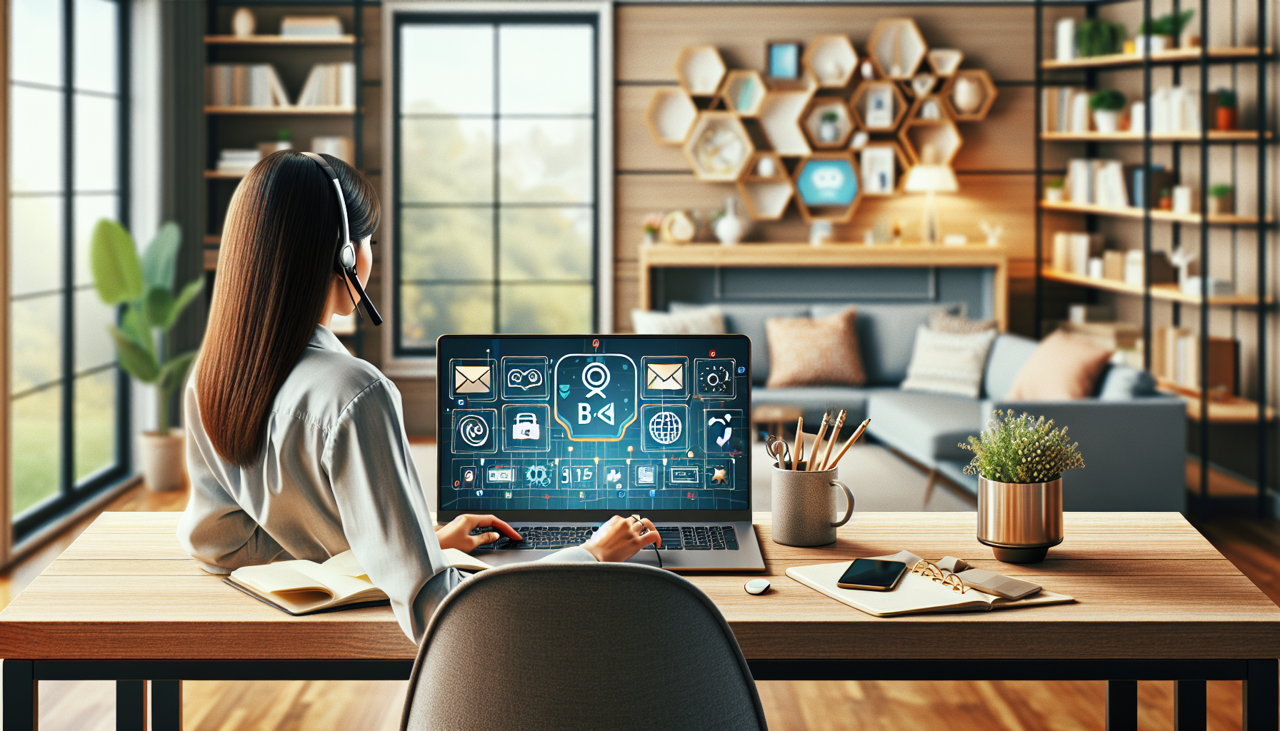 Create an image of a person sitting at a home office desk with a laptop, surrounded by a few key items such as a planner, smartphone, headset, and a coffee mug. The background should feature a cozy, well-organized room with a bookshelf and some potted plants. The laptop screen displays icons of popular virtual assistant tools like calendar apps, email, and task management software. A small side note on the desk reads Virtual Assistant Side Hustle. The mood should be productive and inviting.