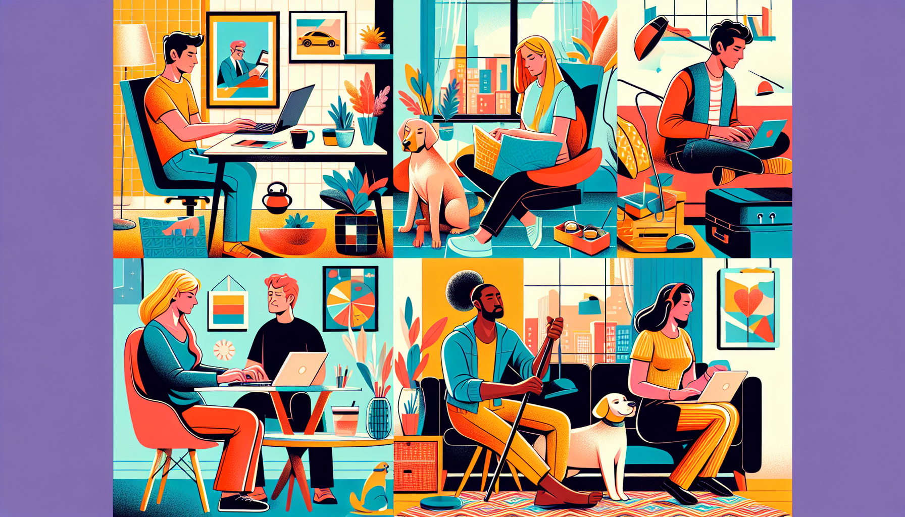 Create an image of a diverse group of people engaging in various side hustles, including freelance graphic design, pet sitting, driving for a ride-share company, online tutoring, and selling handmade crafts. Show them working happily in cozy, well-decorated home environments or bustling coffee shops, with tools and materials related to their tasks clearly visible. The background should be vibrant and uplifting, symbolizing opportunity and success.