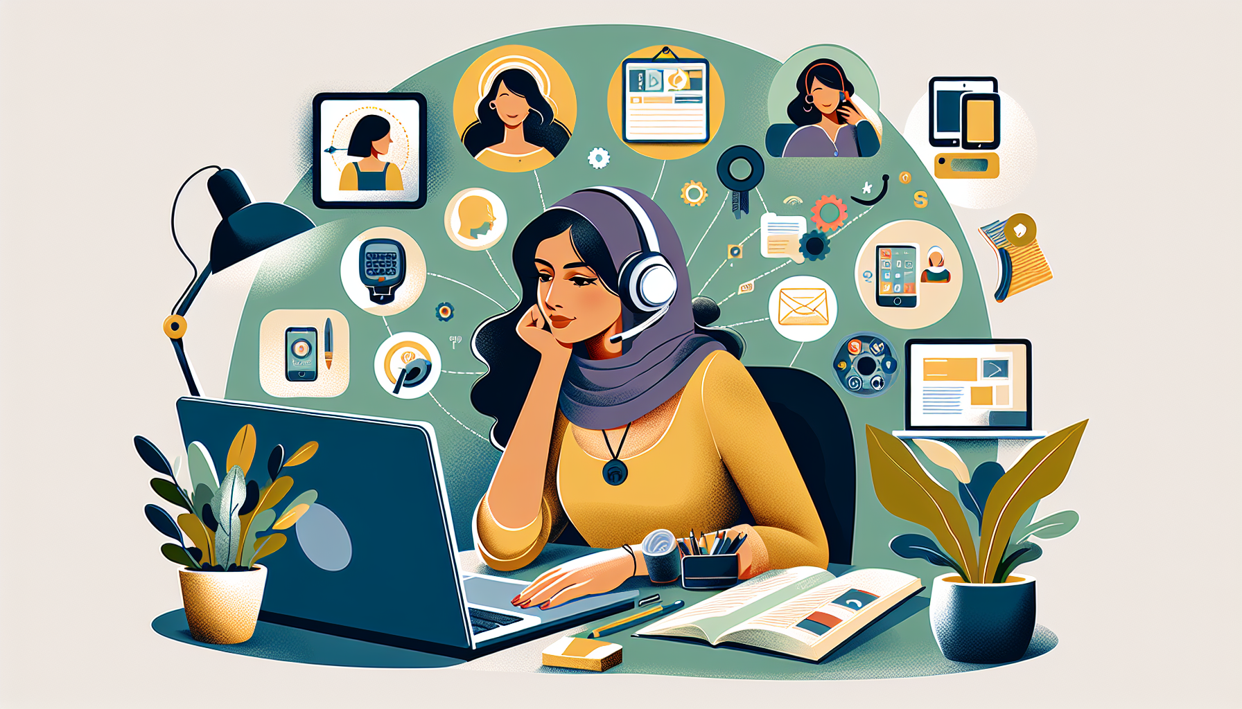 Create an image showcasing various online side hustles such as freelance writing, graphic design, virtual assistant, and online tutoring. The image should depict a person working from home at a desk with a laptop, surrounded by icons representing different digital services and tools like a design tablet, headset, online course materials, and a calendar. The background should feature modern, cozy home office decor, emphasizing flexibility and productivity.