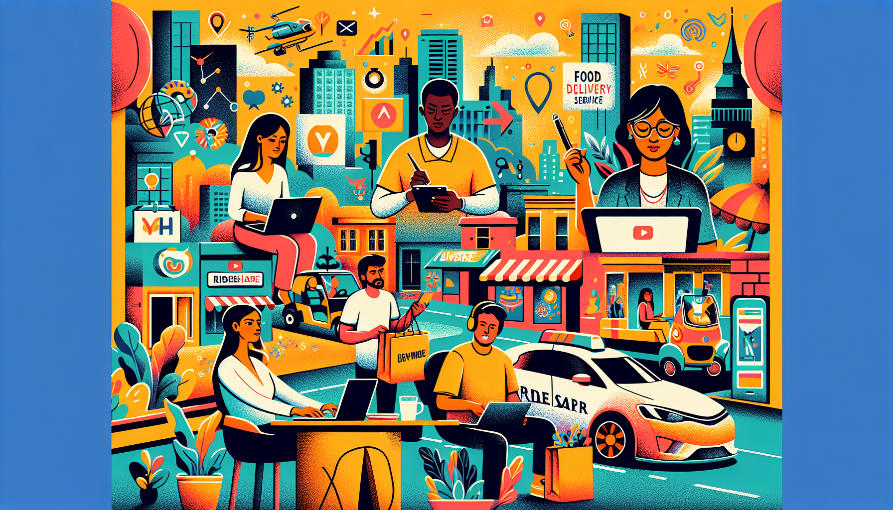 A vibrant, detailed illustration depicting a diversity of side hustles: a person working on a laptop as a freelance writer, another person crafting handmade jewelry, someone driving a rideshare car, a person setting up a food delivery service bag, and another individual tutoring a child online. The backdrop shows a dynamic cityscape with signs of various business ventures and an overall theme of financial growth and opportunity.