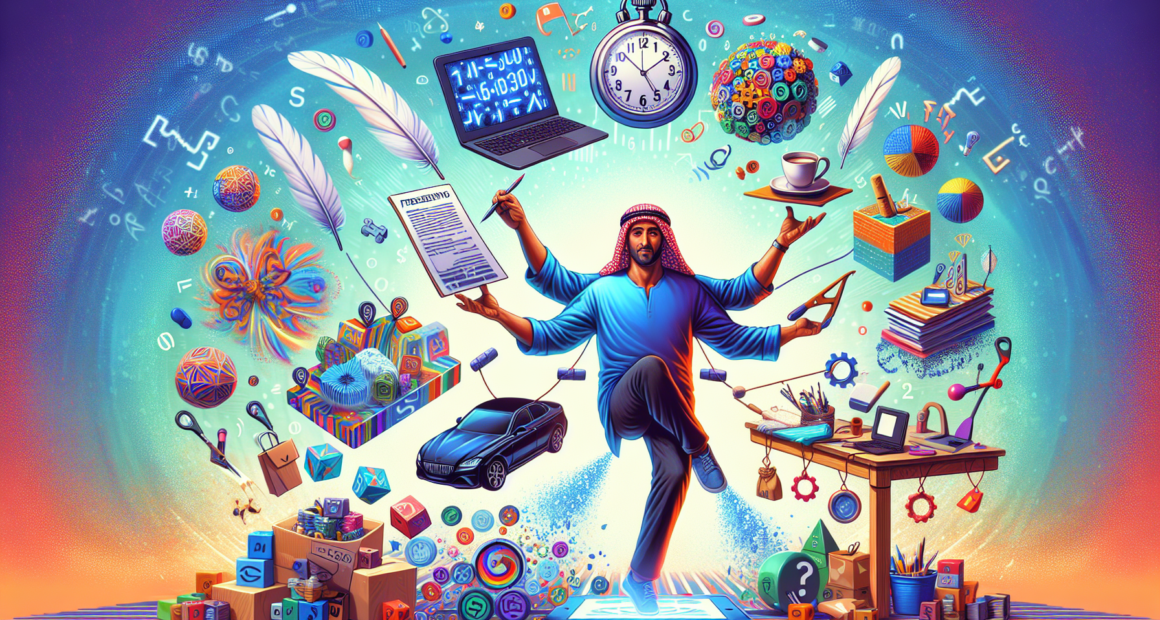 Create an image depicting a multitasking individual who is balancing five side hustle activities simultaneously, such as freelance writing, ridesharing, online tutoring, selling handmade crafts, and doing gig economy tasks. Each activity is represented with symbols or mini-scenes around the person. Ensure the overall tone is dynamic and energetic, with elements of modern technology and a sense of urgency.